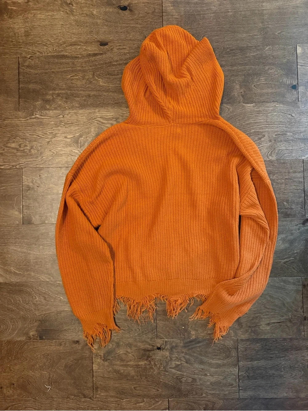 Orange Hooded Frayed Hem Women's Sweater